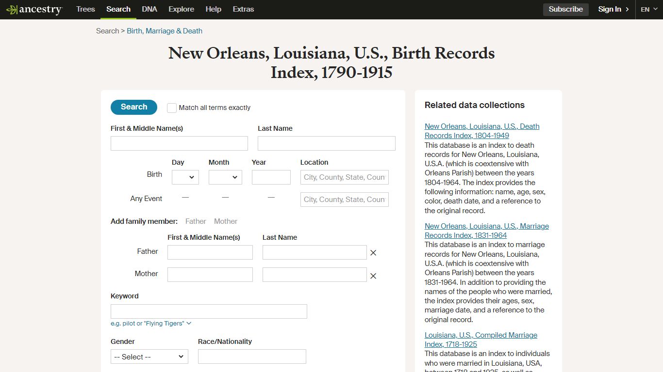 New Orleans, Louisiana, U.S., Birth Records Index, 1790-1915